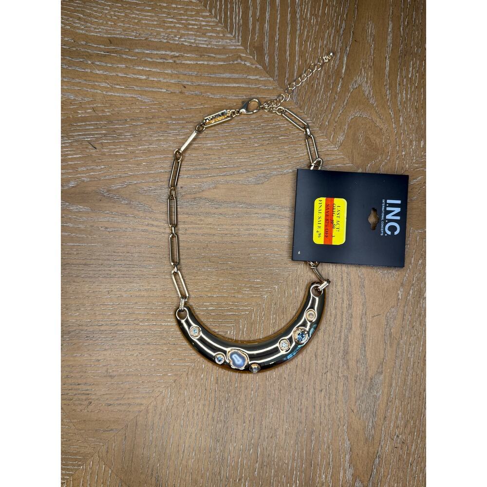 INC Gold Tone Crescent Necklace Blue Crystal Stone Statement Collar NEW - Picture 4 of 4